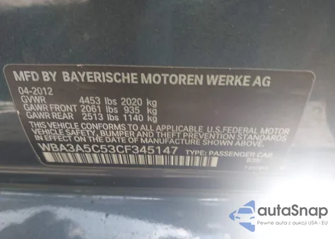 2012 BMW 328I z USA, uszkodzony, nr VIN WBA3A5C53CF345147